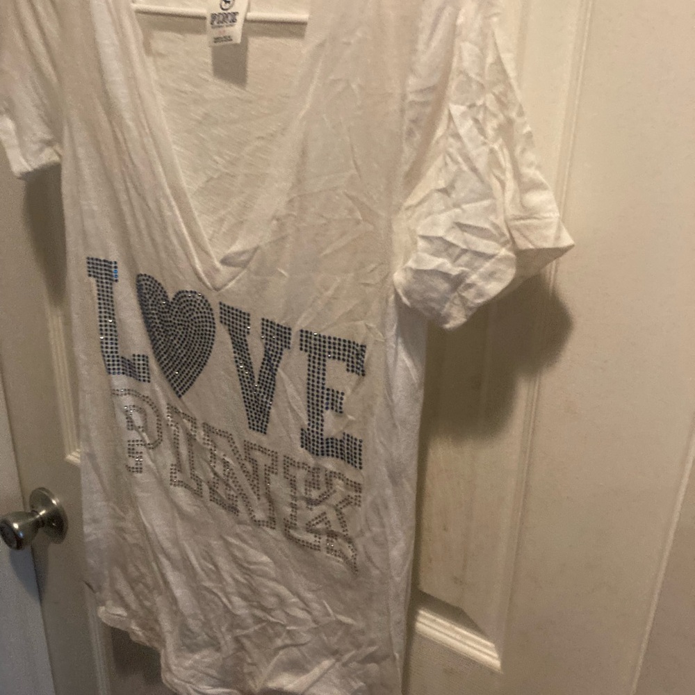 PINK Victoria's Secret White Tee with Silver Accents and Blue - Picture 4 of 6